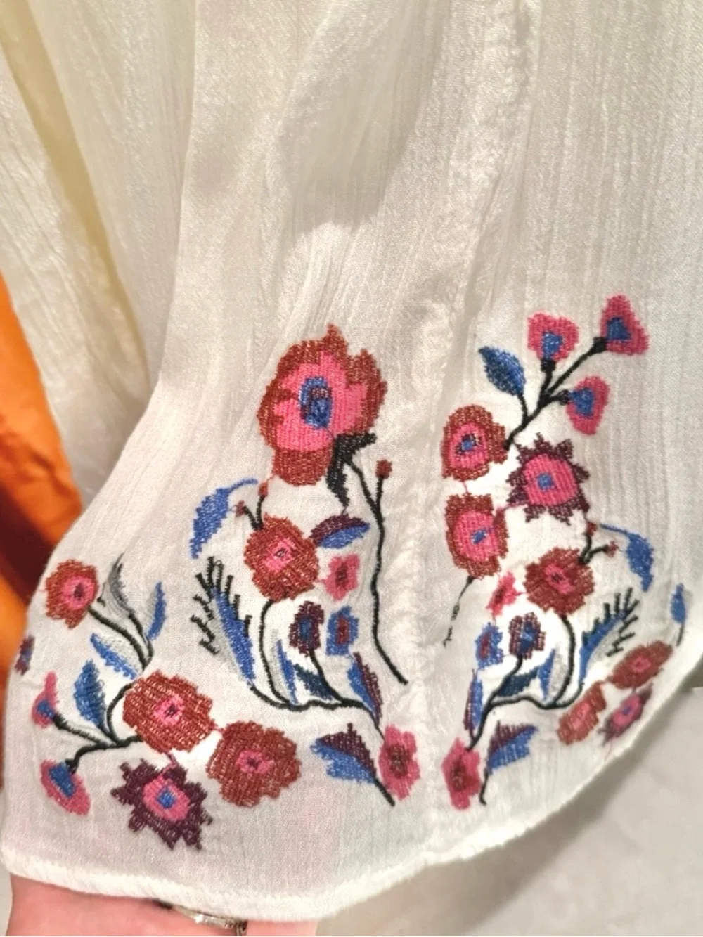 Free People Embroidered Boho Peasant Tunic Blouse Cream Floral XS